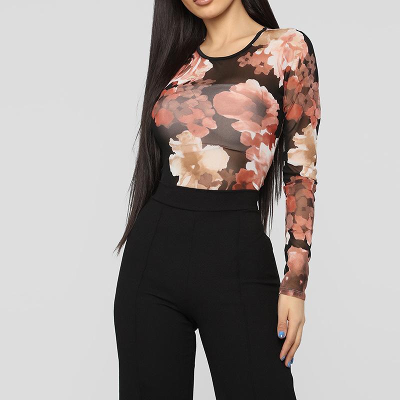 A stylish knitted floral print tight bodysuit for women featuring long sleeves and an o-neck design, perfect for clubbing or casual outings.