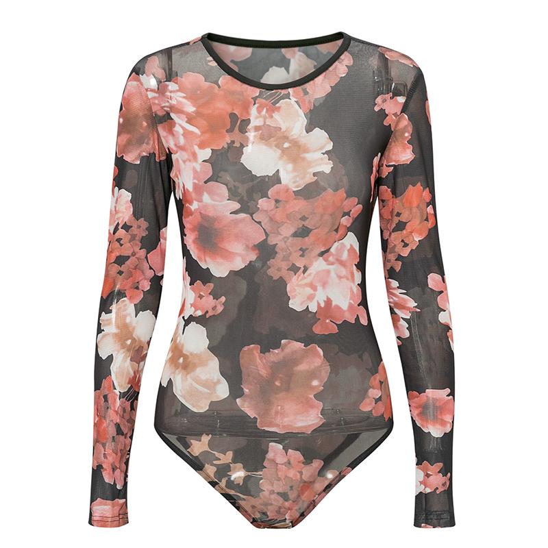 A stylish knitted floral print tight bodysuit for women featuring long sleeves and an o-neck design, perfect for clubbing or casual outings.