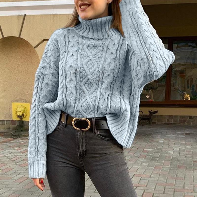 A cozy knitted turtleneck sweater in solid color with batwing long sleeves, perfect for autumn and winter wear.