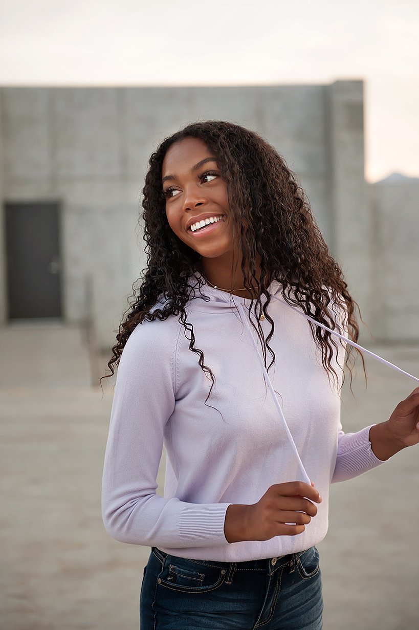 Kynlee Cashmere Sweater Hoodie in Lavender, showcasing its soft texture and stylish design.