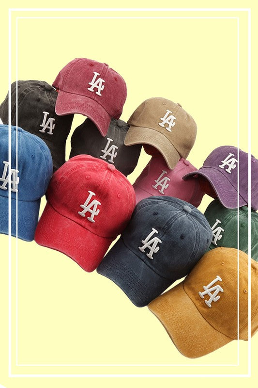 LA Embroidery Washed Baseball Hat with adjustable back strap, featuring a vintage look and stylish design.