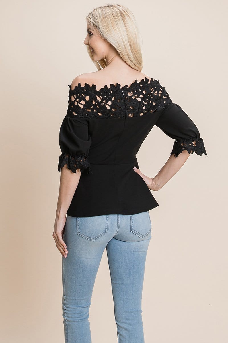 A stylish Lace Crochet Self Belted Off The Shoulder Top featuring floral lace applique, half lace trim sleeves, and a hidden back zipper.