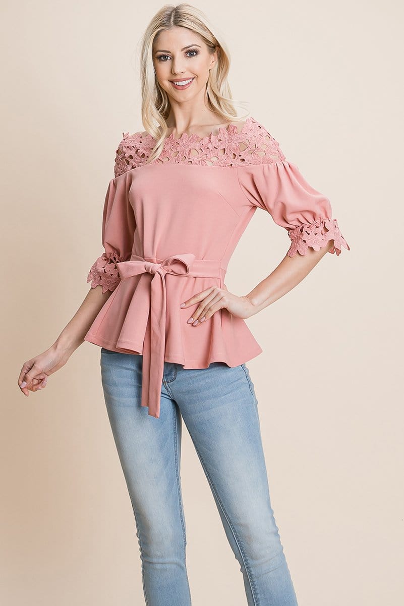 A stylish Lace Crochet Self Belted Off The Shoulder Top featuring floral lace applique, half lace trim sleeves, and a hidden back zipper.