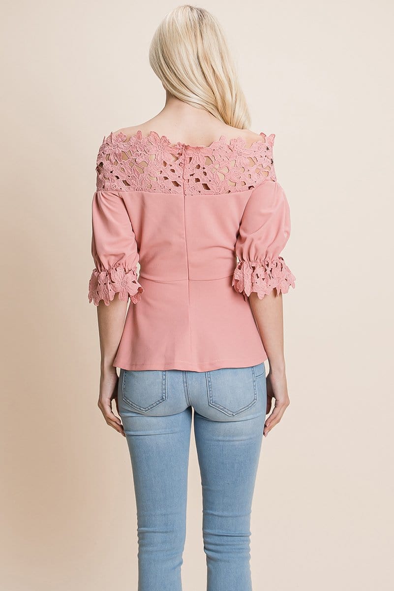 A stylish Lace Crochet Self Belted Off The Shoulder Top featuring floral lace applique, half lace trim sleeves, and a hidden back zipper.