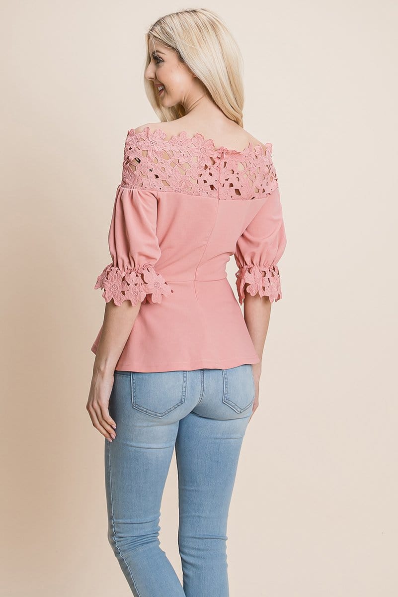 A stylish Lace Crochet Self Belted Off The Shoulder Top featuring floral lace applique, half lace trim sleeves, and a hidden back zipper.