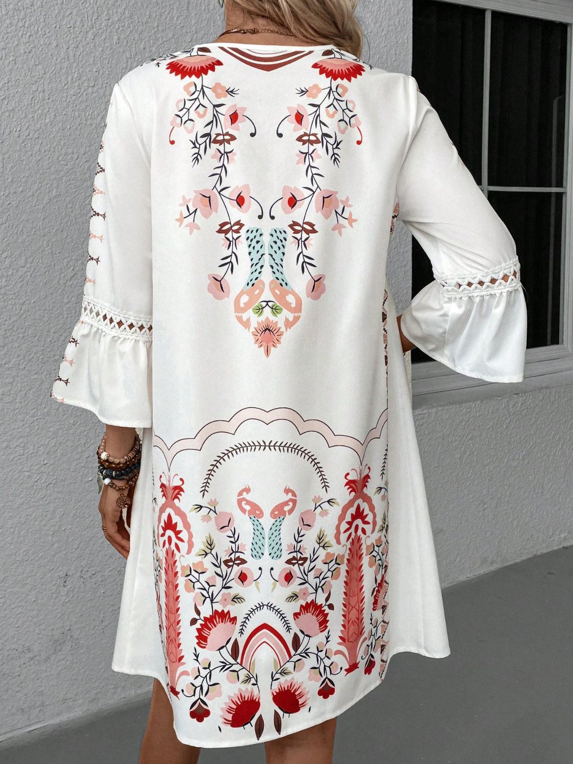 Lace Detail Printed Three-Quarter Sleeve Dress featuring elegant lace accents and semi-sheer fabric, perfect for various occasions.