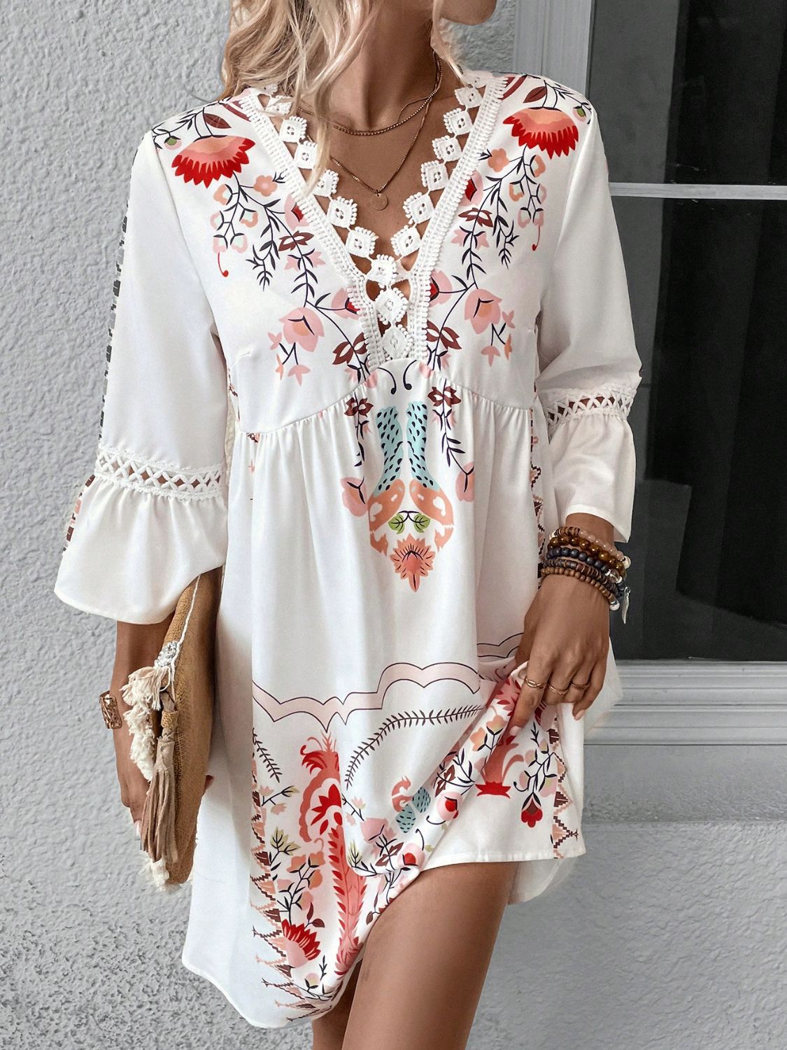 Lace Detail Printed Three-Quarter Sleeve Dress featuring elegant lace accents and semi-sheer fabric, perfect for various occasions.