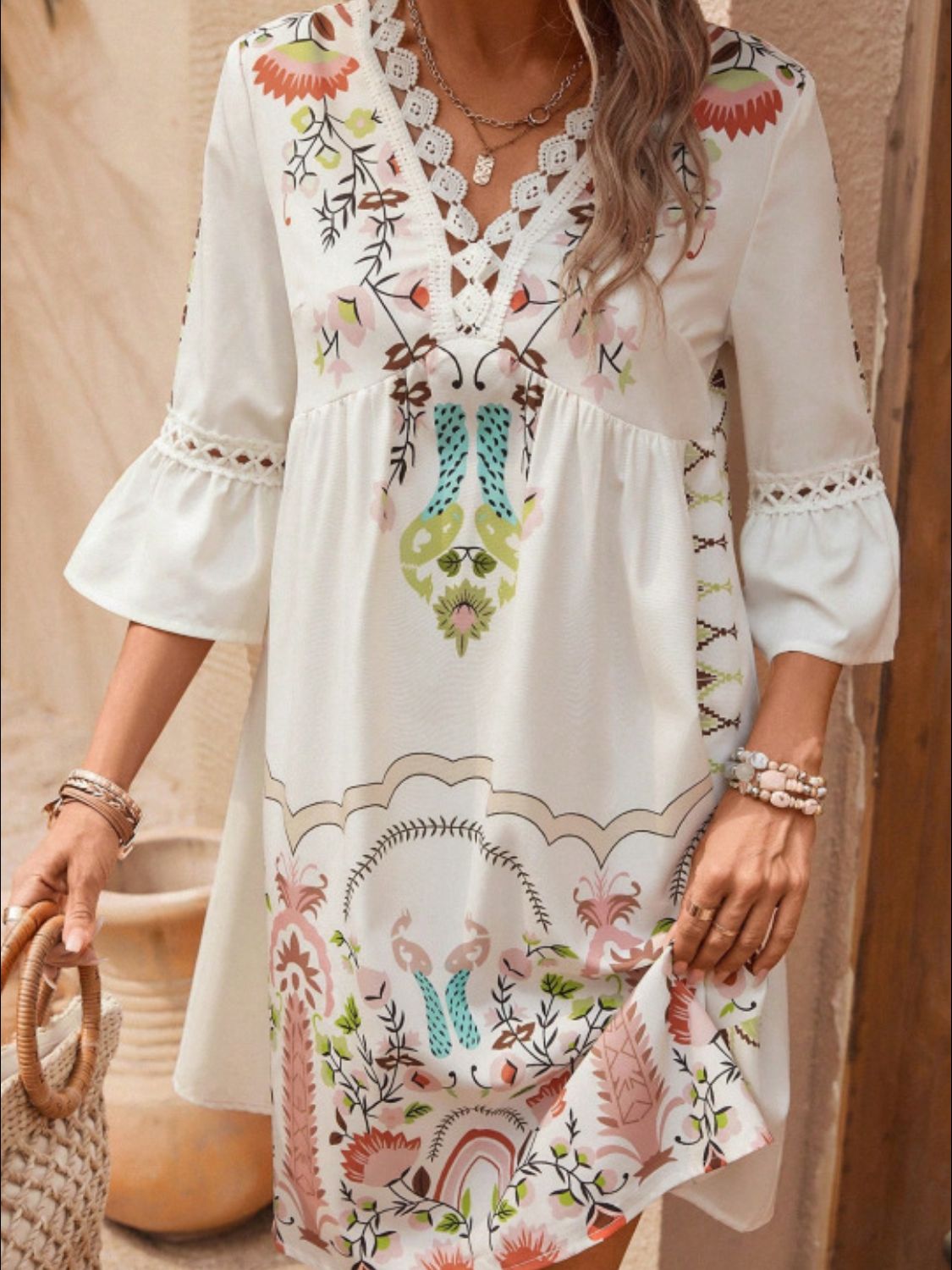 Lace Detail Printed Three-Quarter Sleeve Dress featuring elegant lace accents and semi-sheer fabric, perfect for various occasions.