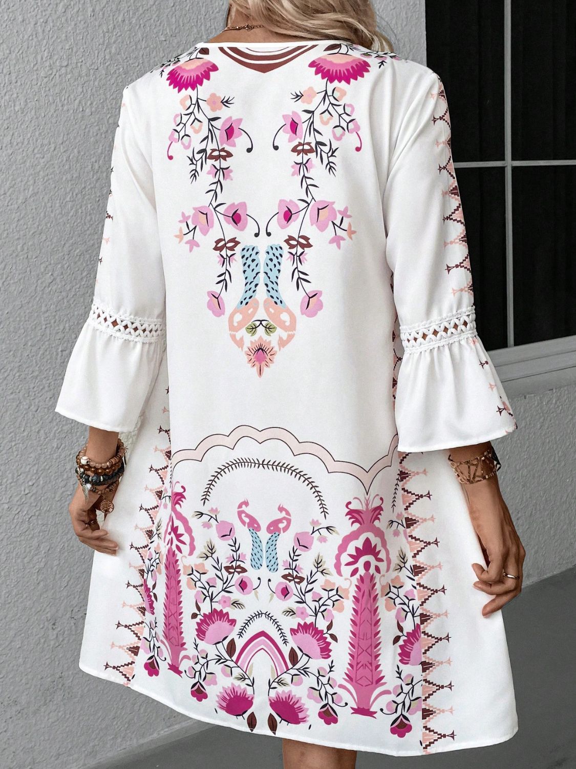 Lace Detail Printed Three-Quarter Sleeve Dress featuring elegant lace accents and semi-sheer fabric, perfect for various occasions.