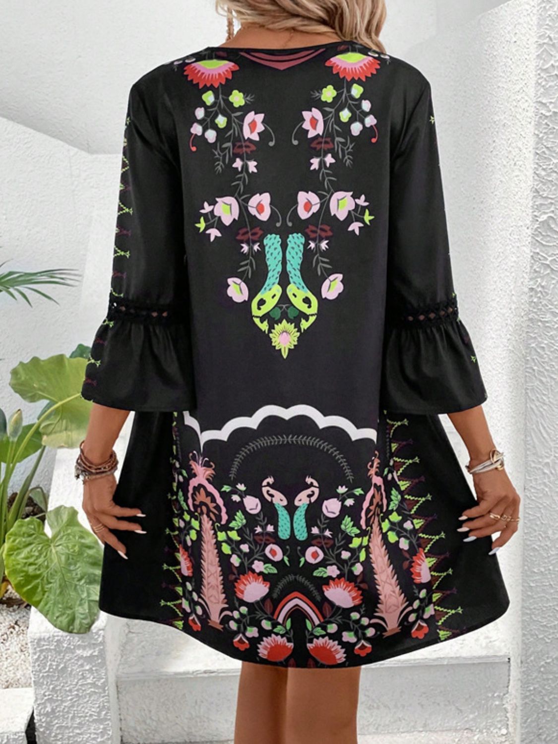 Lace Detail Printed Three-Quarter Sleeve Dress featuring elegant lace accents and semi-sheer fabric, perfect for various occasions.