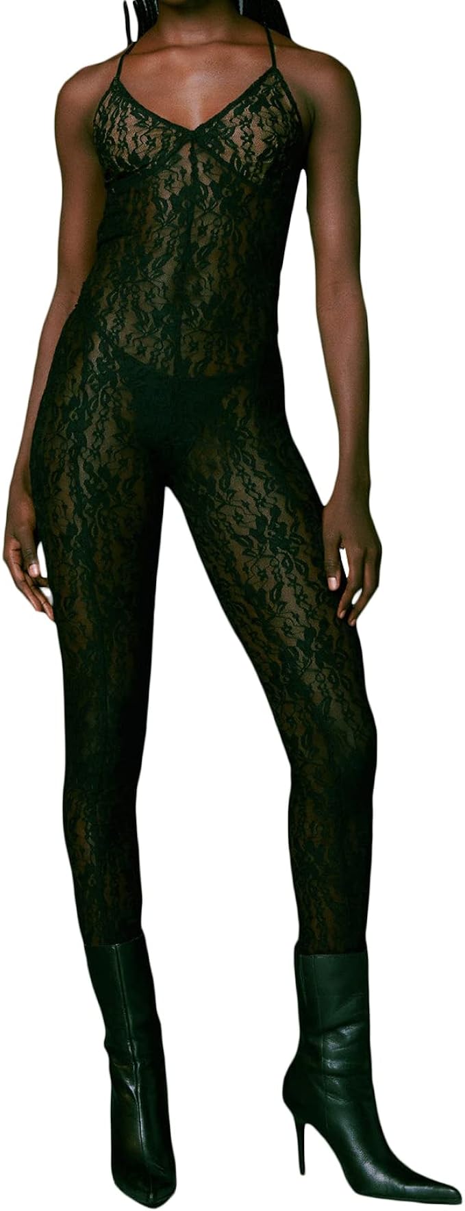 Elegant spaghetti strap lace jumpsuit made from soft polyester, featuring a close-fitting design and lightweight fabric.