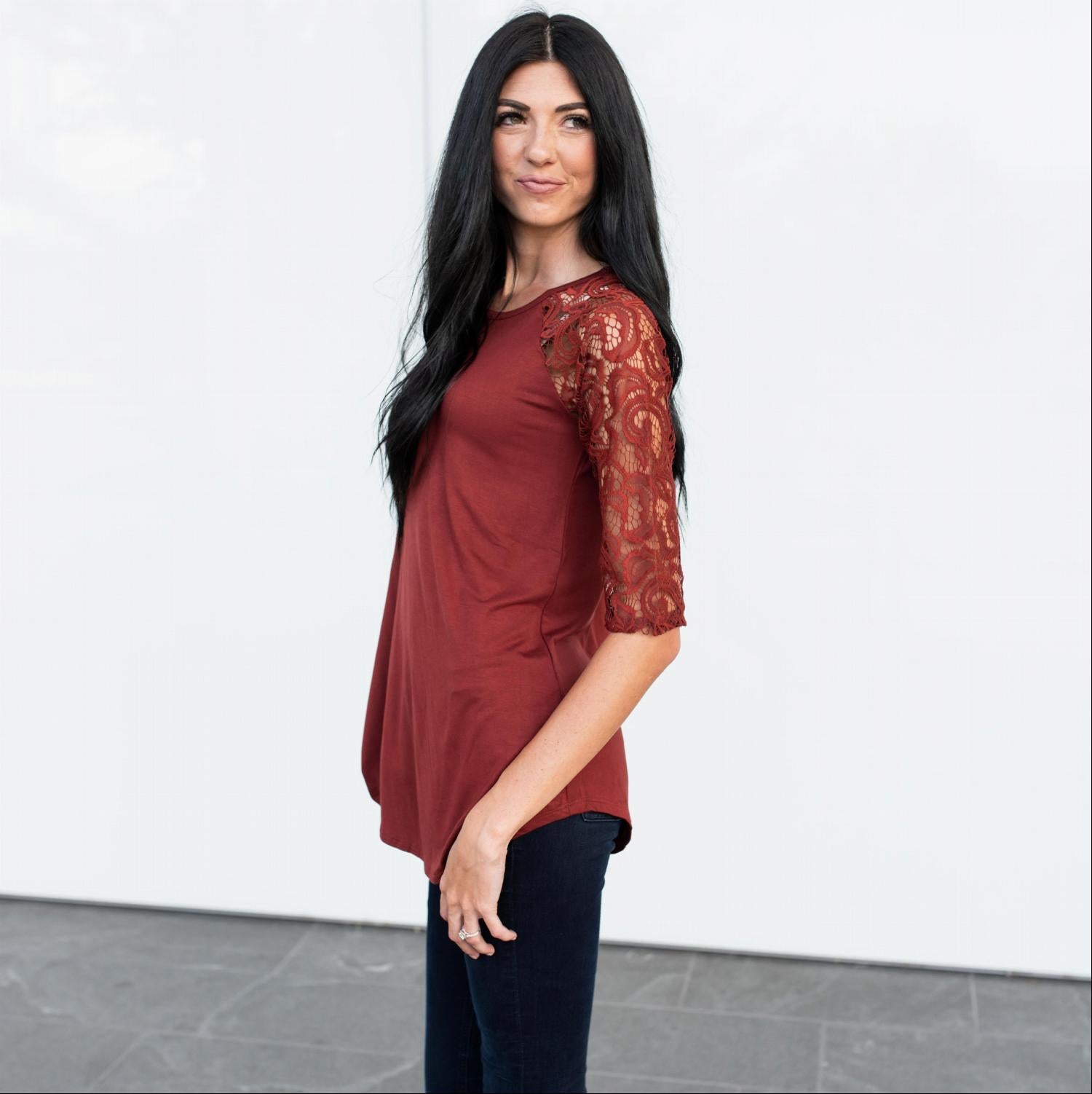 Lace Lined Three Quarter Length Sleeve Tunic featuring elegant lace sleeves and a flowing fit, perfect for fall fashion.