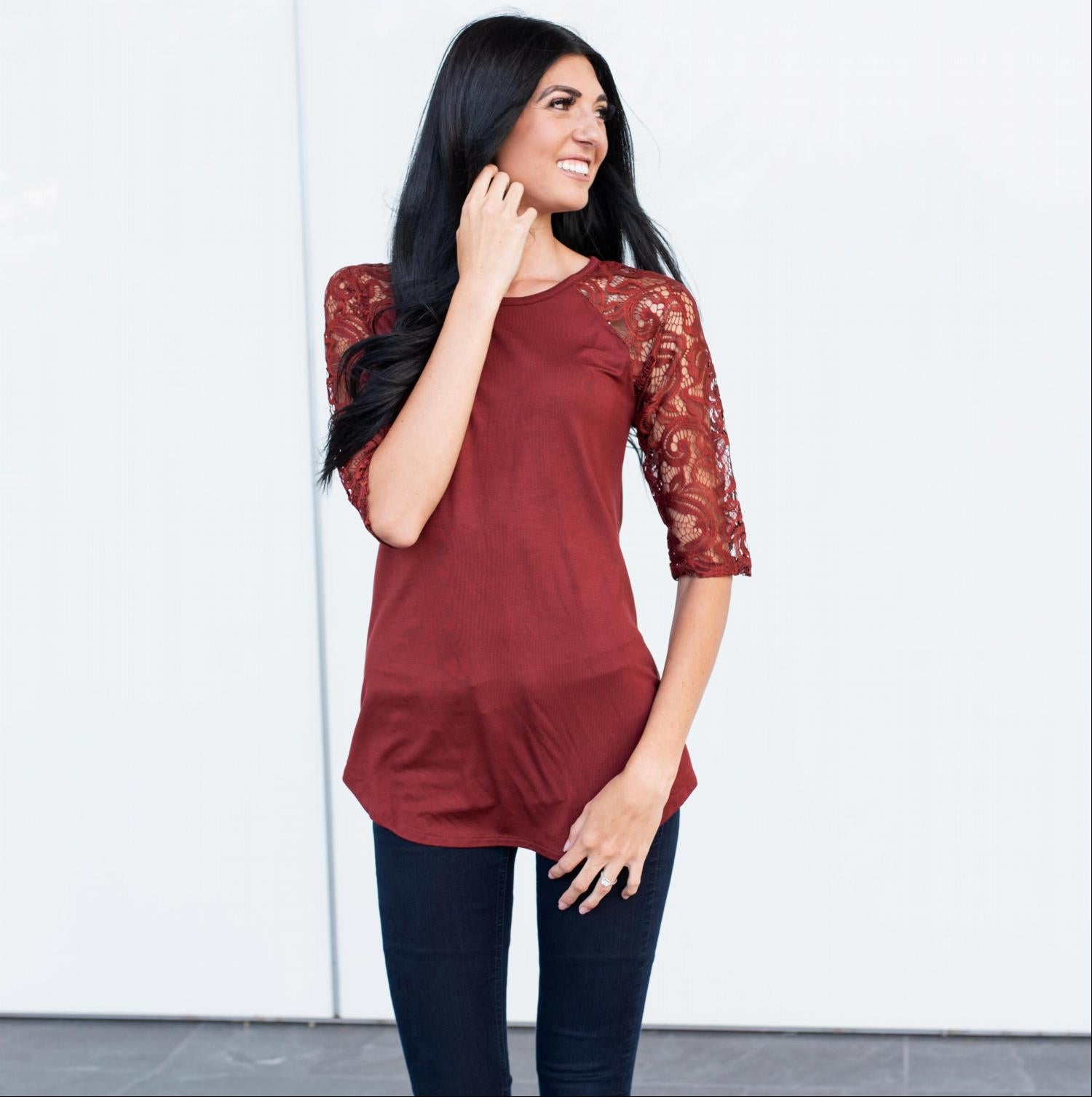 Lace Lined Three Quarter Length Sleeve Tunic featuring elegant lace sleeves and a flowing fit, perfect for fall fashion.