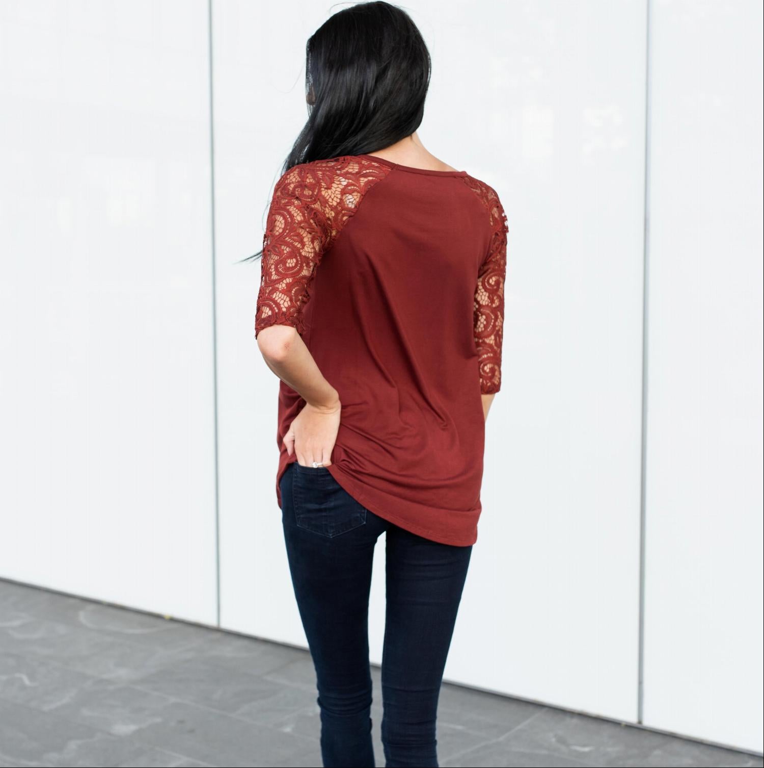 Lace Lined Three Quarter Length Sleeve Tunic featuring elegant lace sleeves and a flowing fit, perfect for fall fashion.