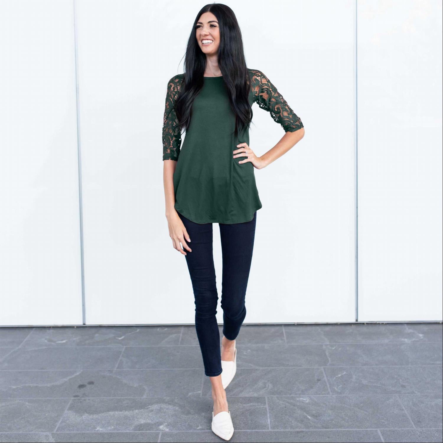 Lace Lined Three Quarter Length Sleeve Tunic featuring elegant lace sleeves and a flowing fit, perfect for fall fashion.