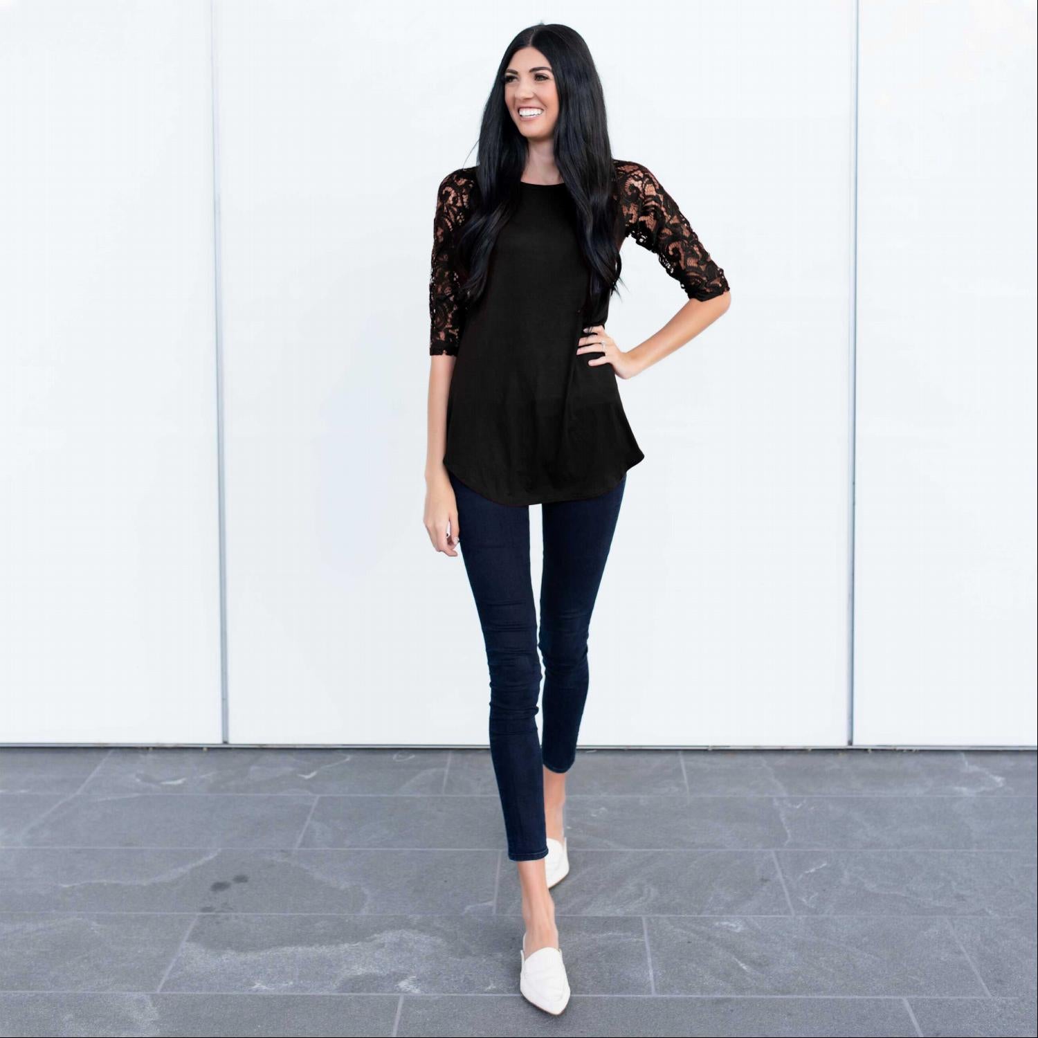 Lace Lined Three Quarter Length Sleeve Tunic featuring elegant lace sleeves and a flowing fit, perfect for fall fashion.