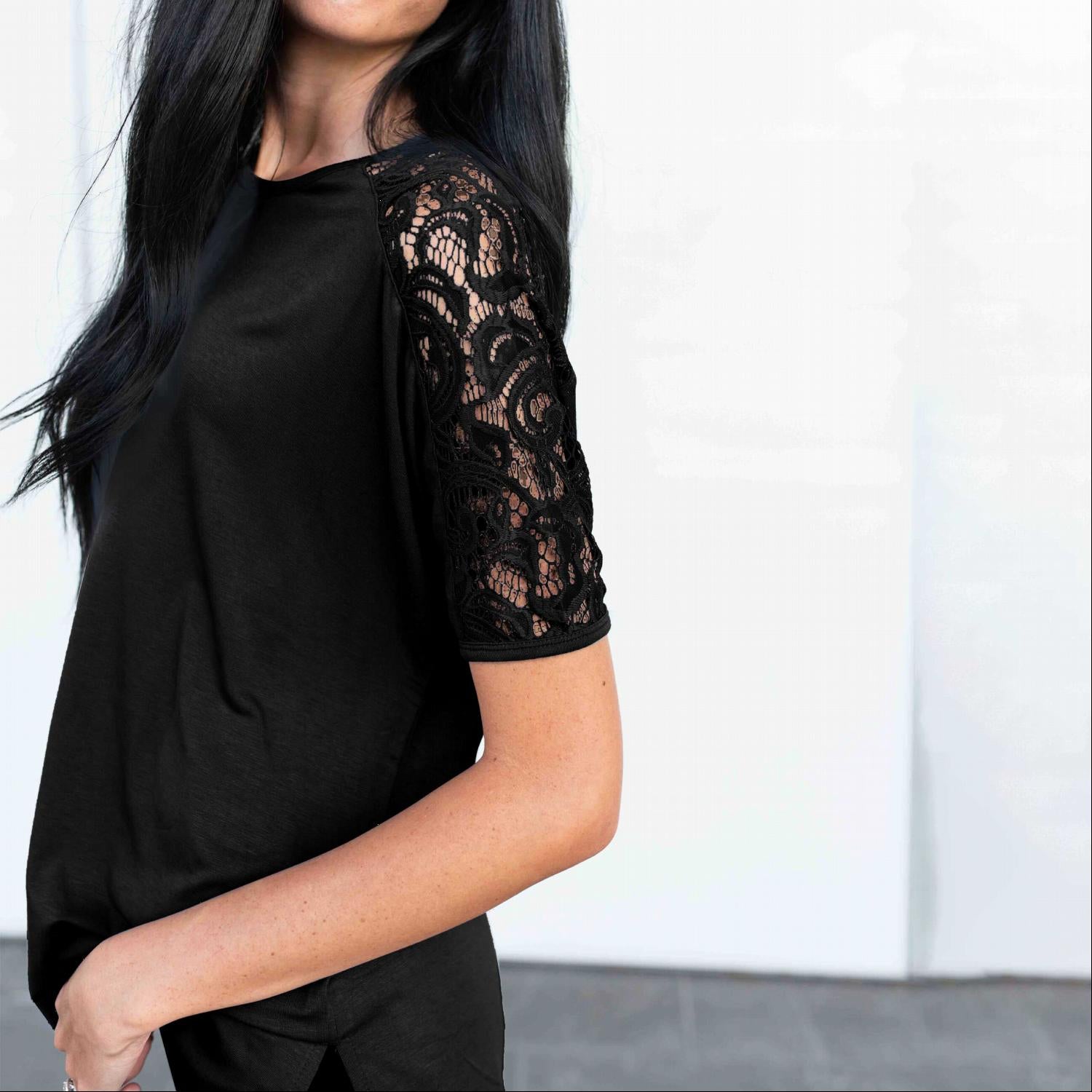 Lace Sleeve High Low Tunic featuring flirty lace sleeves and a stylish high low hemline, perfect for fall fashion.