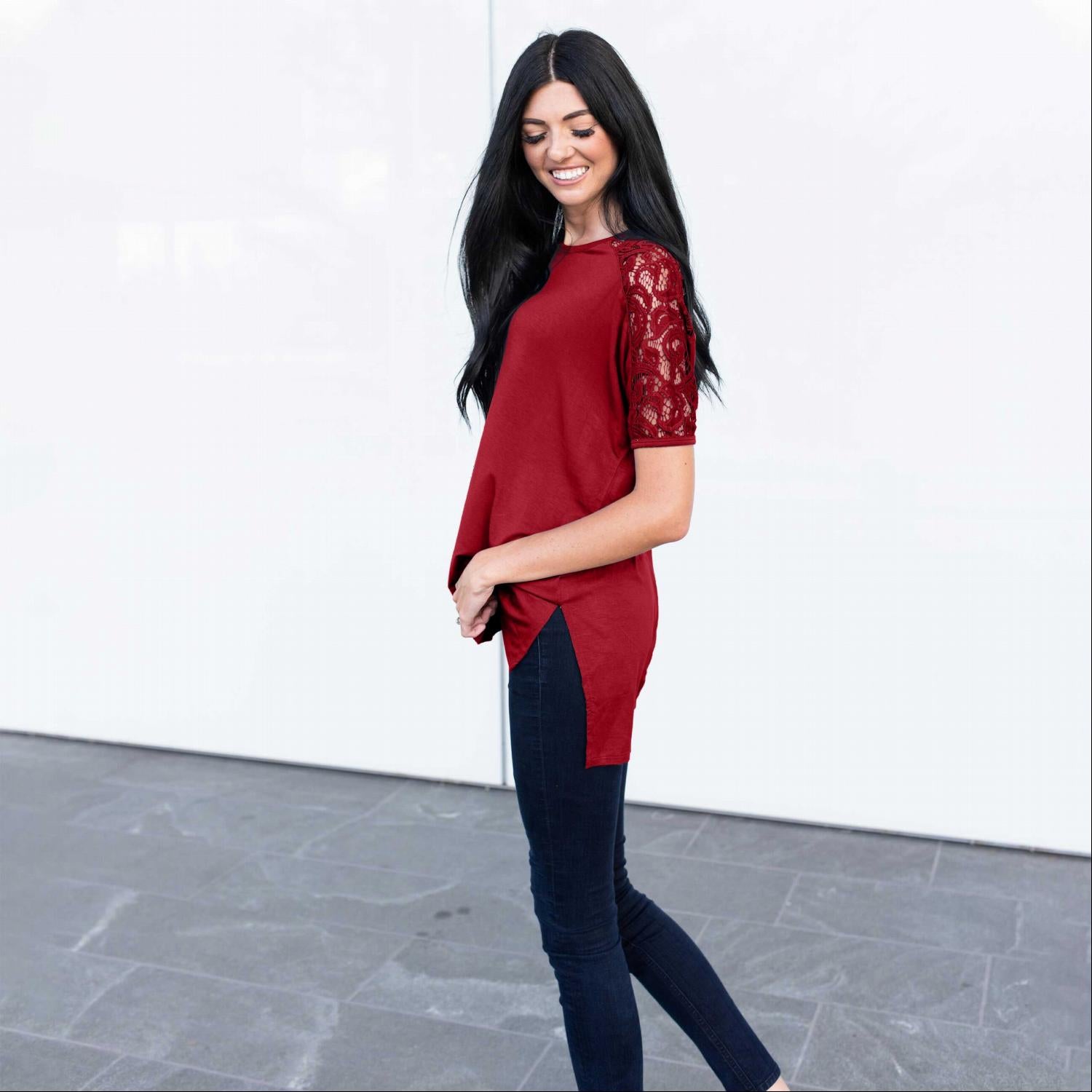 Lace Sleeve High Low Tunic featuring flirty lace sleeves and a stylish high low hemline, perfect for fall fashion.