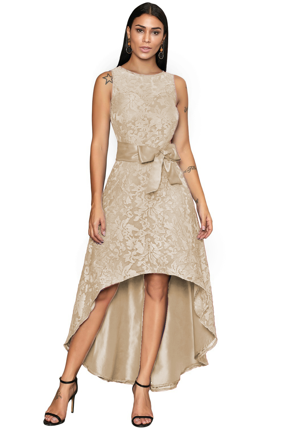 Lace Sleeveless Elegant Mini Dress Suzan in Beige with decorative belt and lace neckline, showcasing its stylish design.