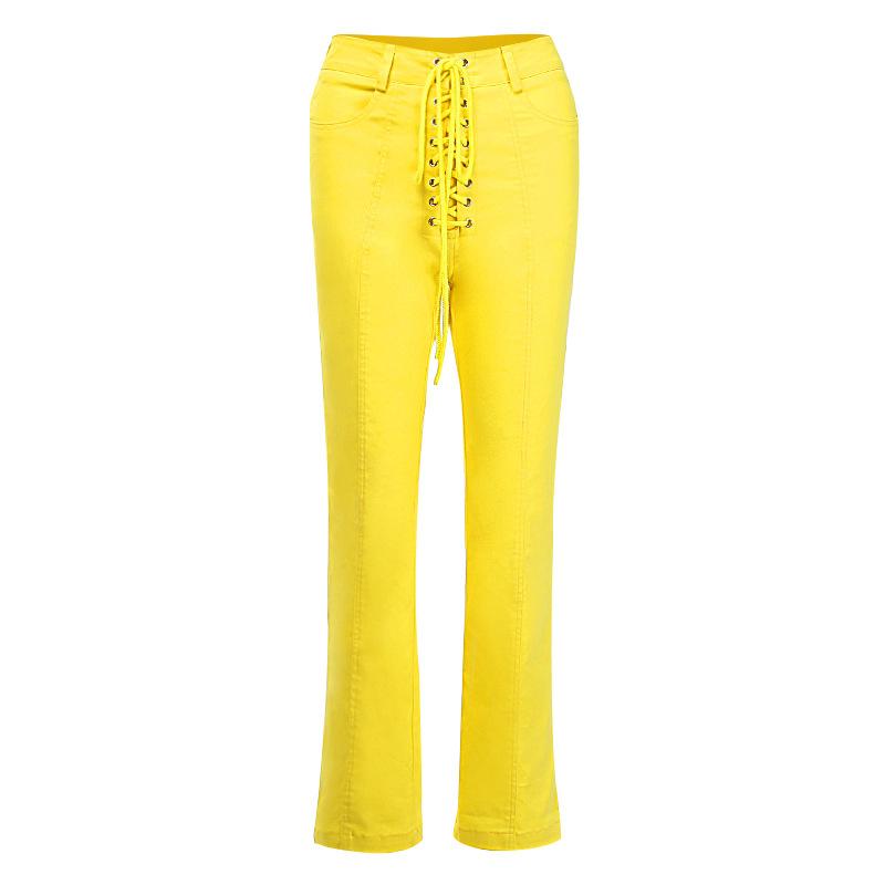 A pair of sexy yellow lace-up bodycon long pants, featuring a high waist and ankle-length design, perfect for autumn and winter fashion.