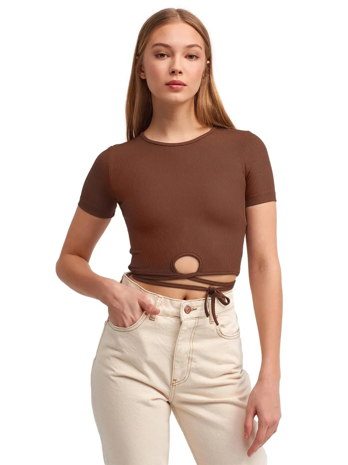 A stylish Lace Up Crop Top featuring a chic lace-up front design, made from a comfortable nylon-elastane blend.