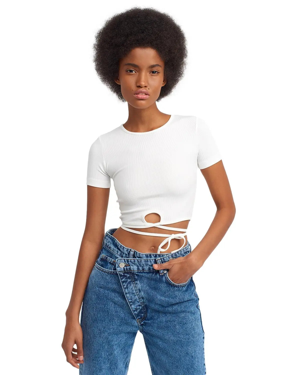 A stylish Lace Up Crop Top featuring a chic lace-up front design, made from a comfortable nylon-elastane blend.