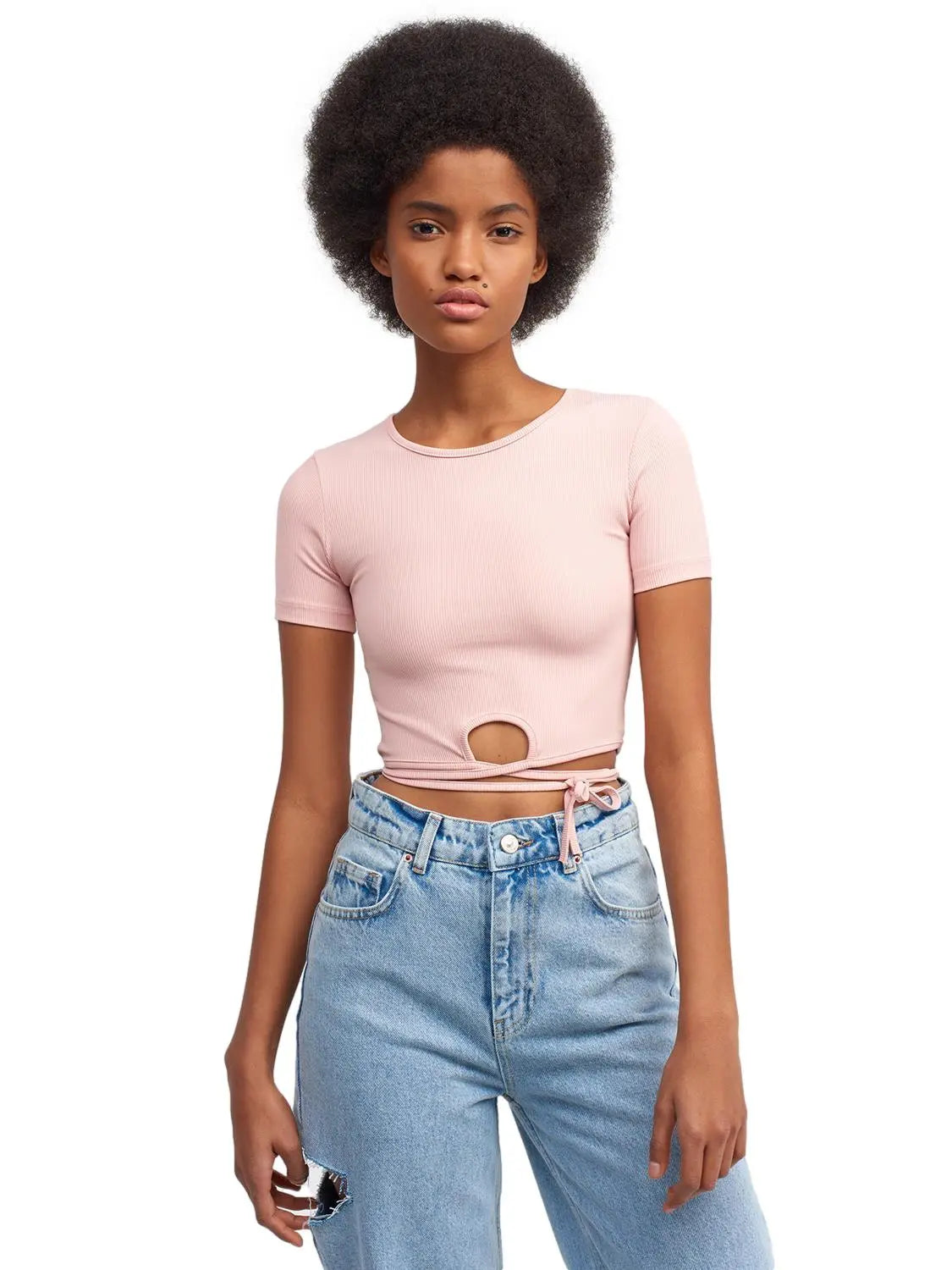 A stylish Lace Up Crop Top featuring a chic lace-up front design, made from a comfortable nylon-elastane blend.