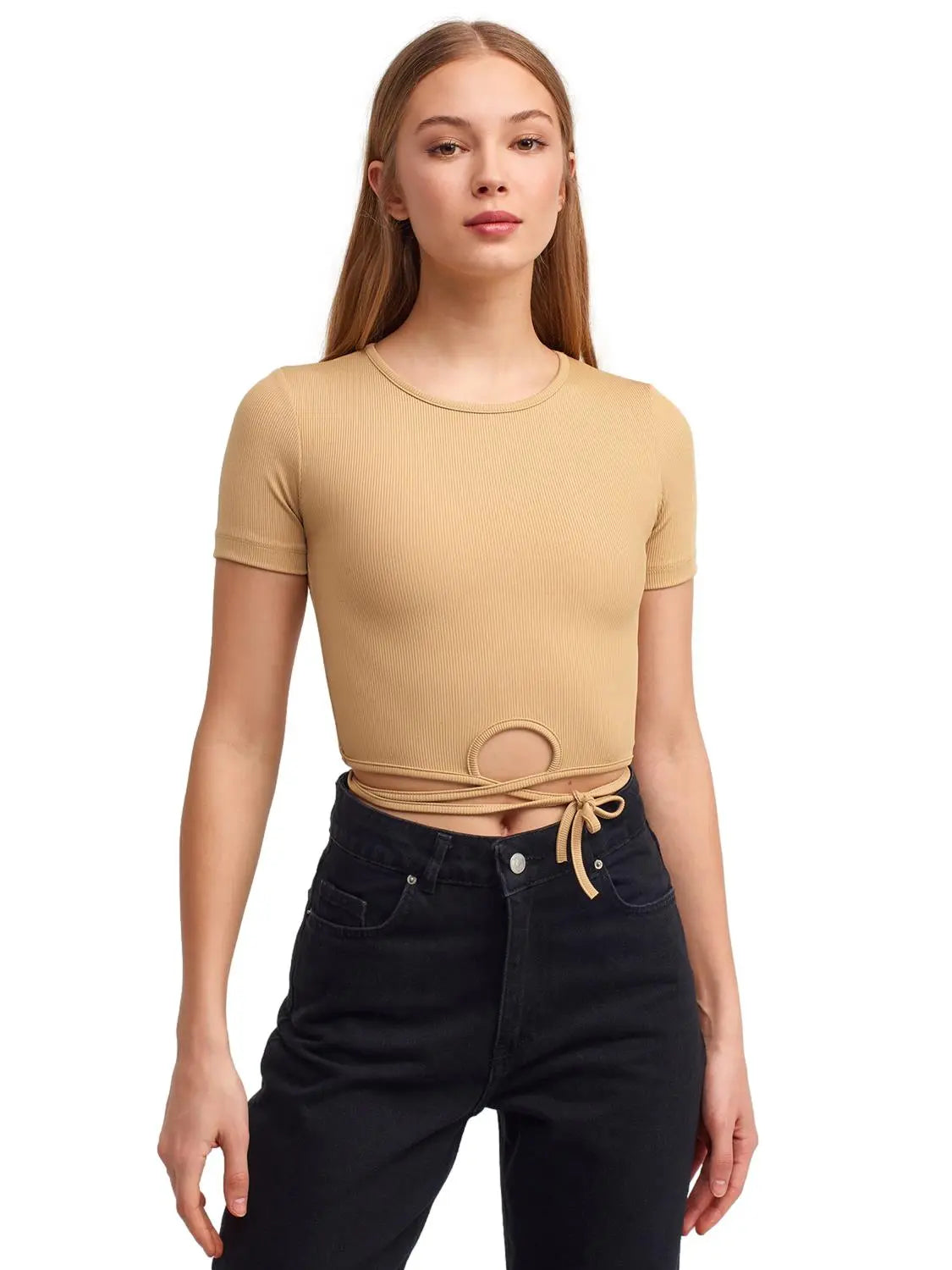 A stylish Lace Up Crop Top featuring a chic lace-up front design, made from a comfortable nylon-elastane blend.