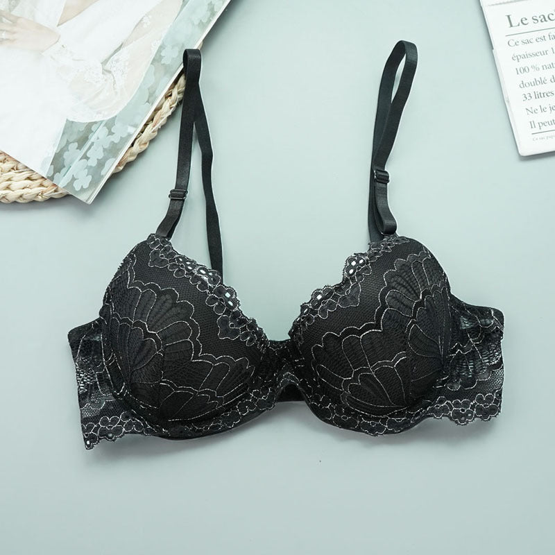 Lace Women Gathering Bra featuring floral design, padded cups, and removable halter strap for stylish comfort.