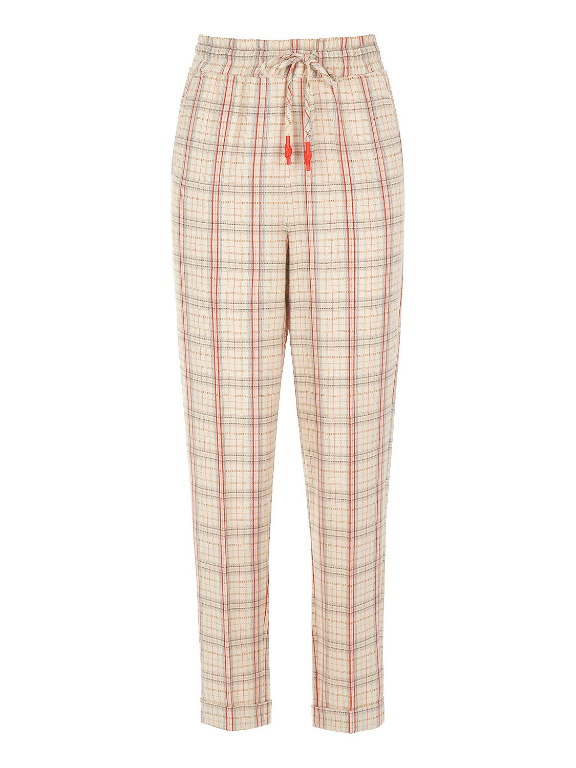 Lace-up plaid pants featuring a high-waisted design, elastic waistband, and cuffed hems, styled on a model.