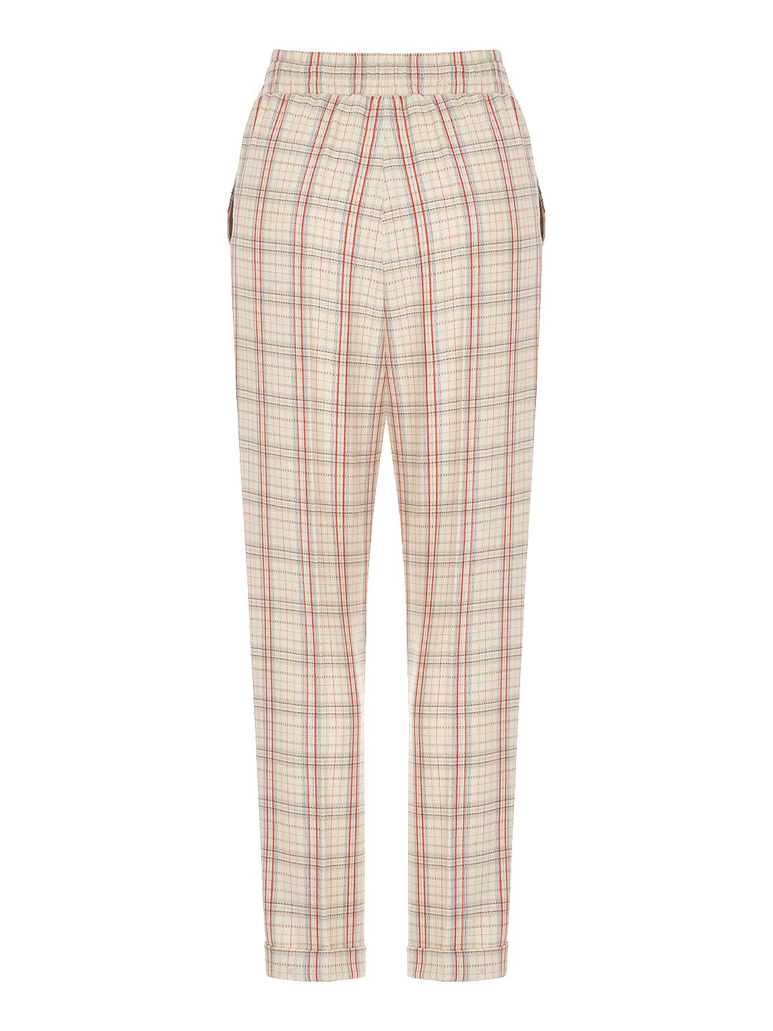 Lace-up plaid pants featuring a high-waisted design, elastic waistband, and cuffed hems, styled on a model.