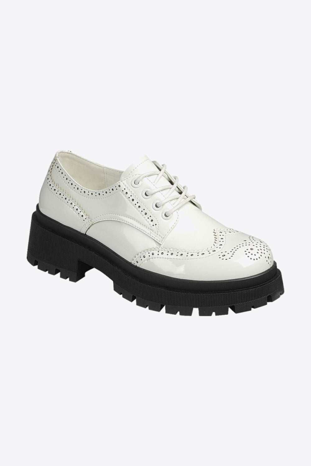 A pair of stylish Lace-Up Round Neck Shoes featuring a round toe design and low platform heels, perfect for any occasion.