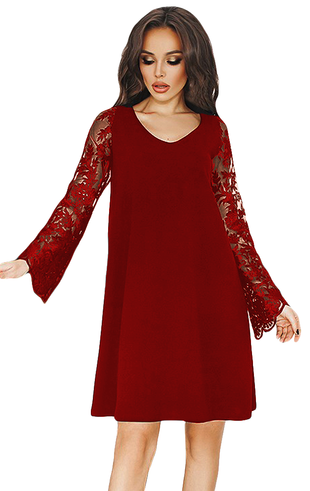 Ladies Dress Clara in Bordo featuring floral lace pattern and bell-shaped sleeves, knee-length design, perfect for various occasions.