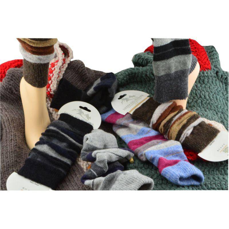 Ladies Striped Lambs Wool Leg Warmers in vibrant colors, showcasing their stylish design and warmth.