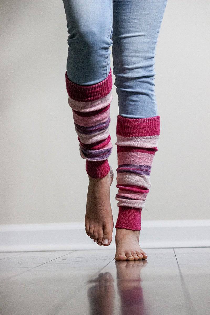 Ladies Striped Lambs Wool Leg Warmers in vibrant colors, showcasing their stylish design and warmth.