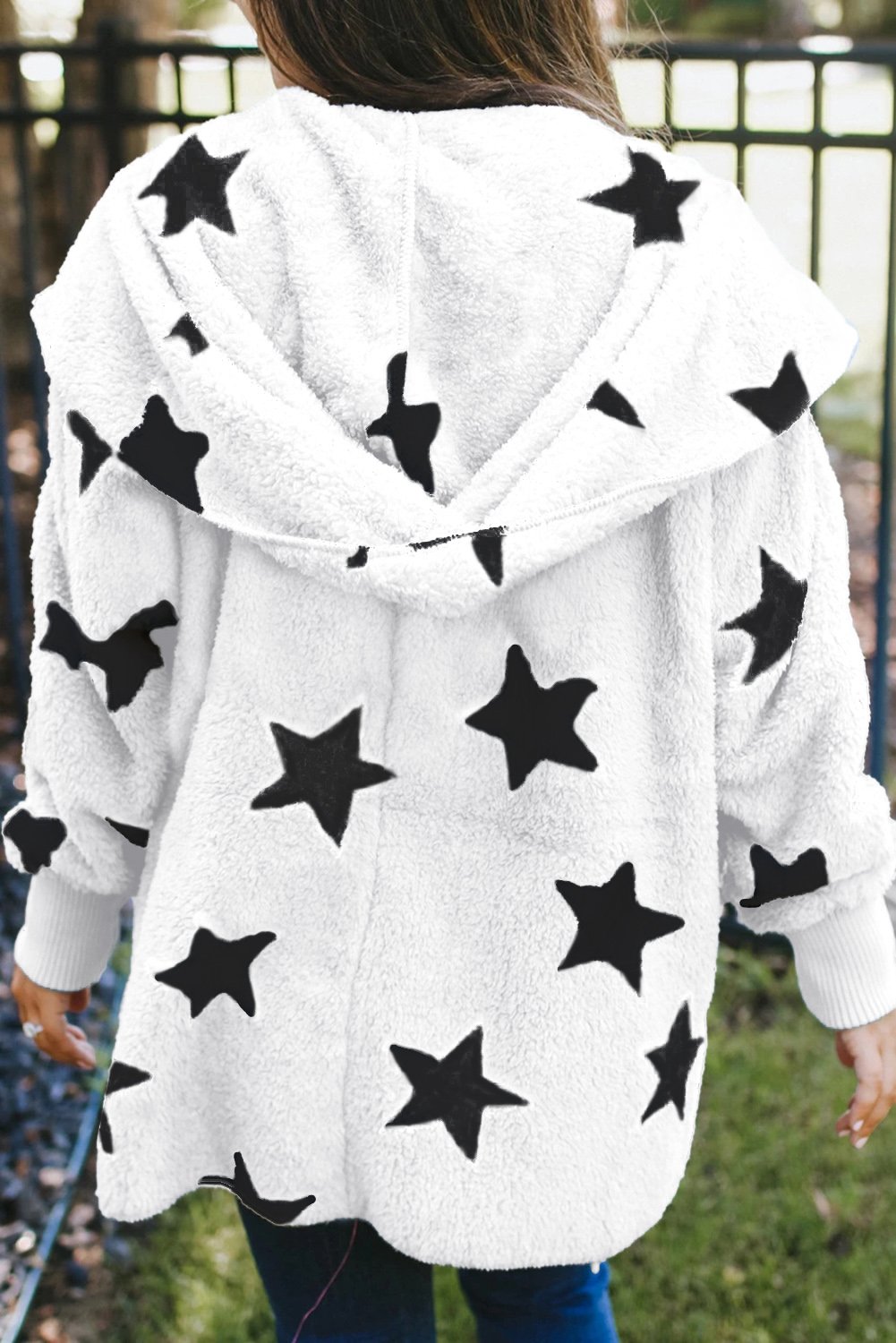 Lapel Collar Scatter Star Fuzzy Coat featuring a stylish lapel collar, scatter star print, and cozy fuzzy material.