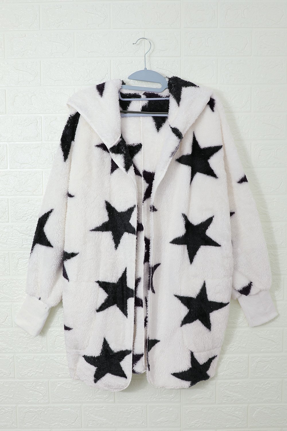 Lapel Collar Scatter Star Fuzzy Coat featuring a stylish lapel collar, scatter star print, and cozy fuzzy material.