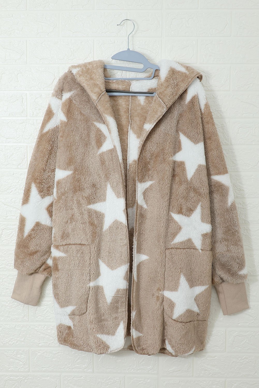 Lapel Collar Scatter Star Fuzzy Coat featuring a stylish lapel collar, scatter star print, and cozy fuzzy material.