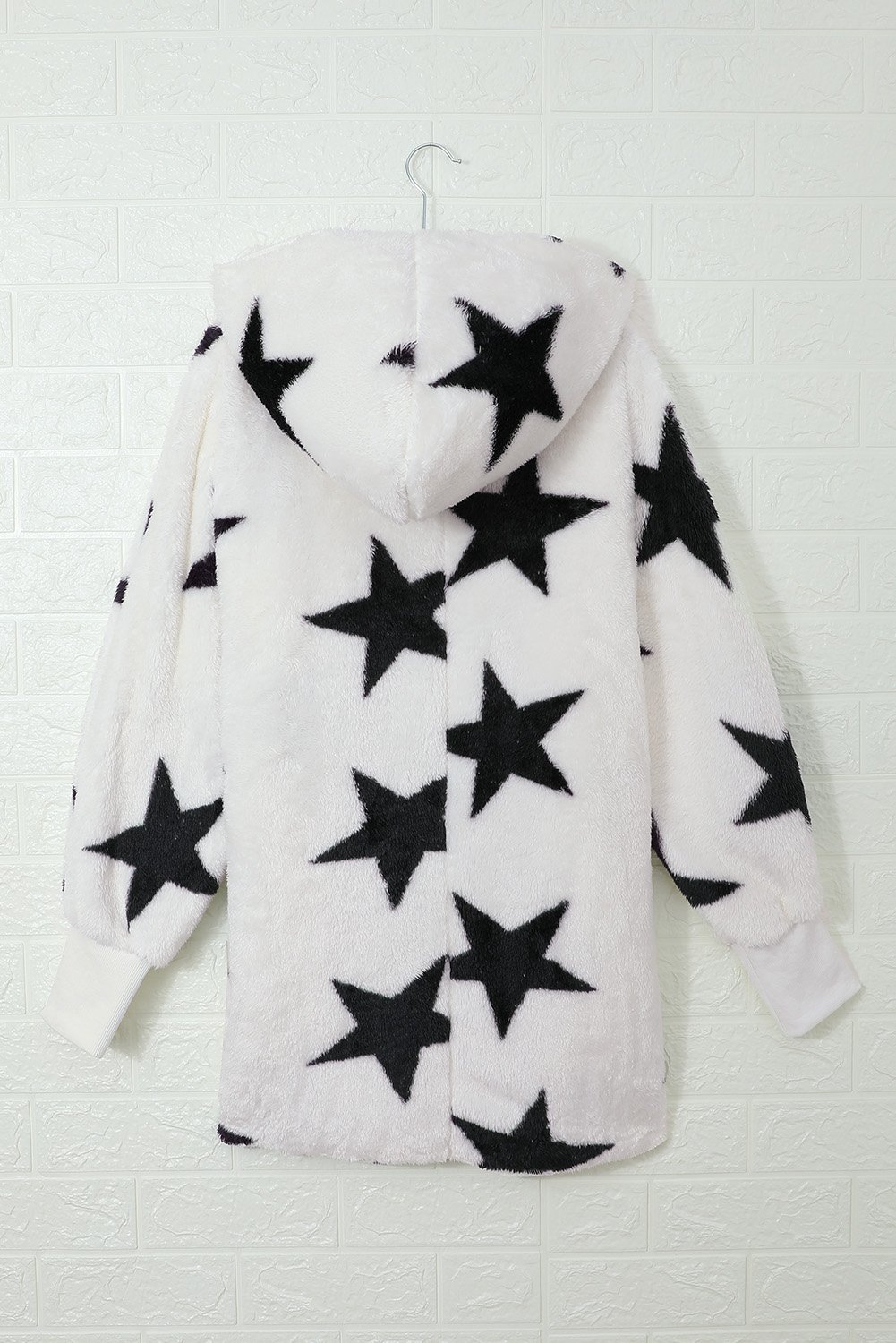 Lapel Collar Scatter Star Fuzzy Coat featuring a stylish lapel collar, scatter star print, and cozy fuzzy material.