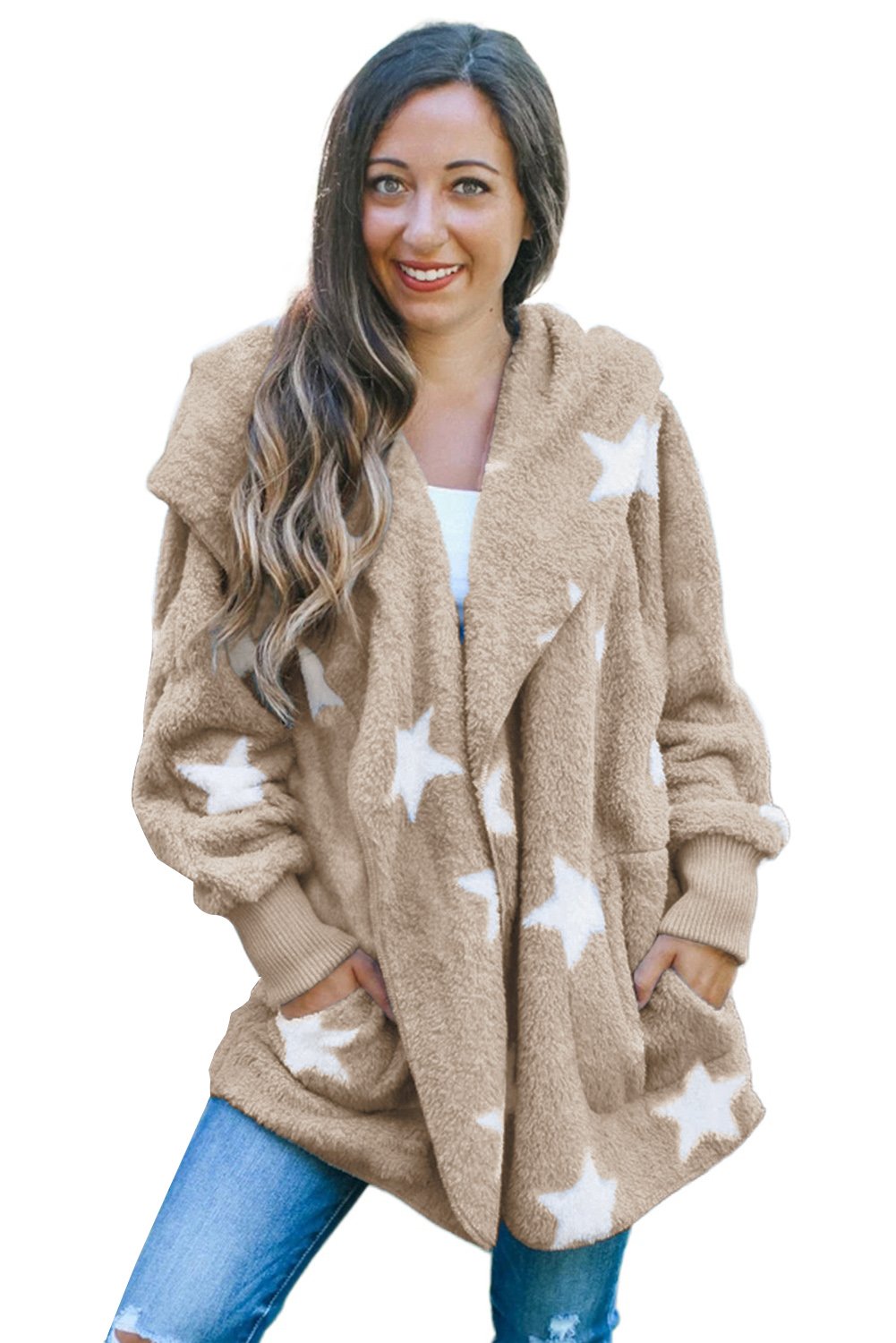 Lapel Collar Scatter Star Fuzzy Coat featuring a stylish lapel collar, scatter star print, and cozy fuzzy material.