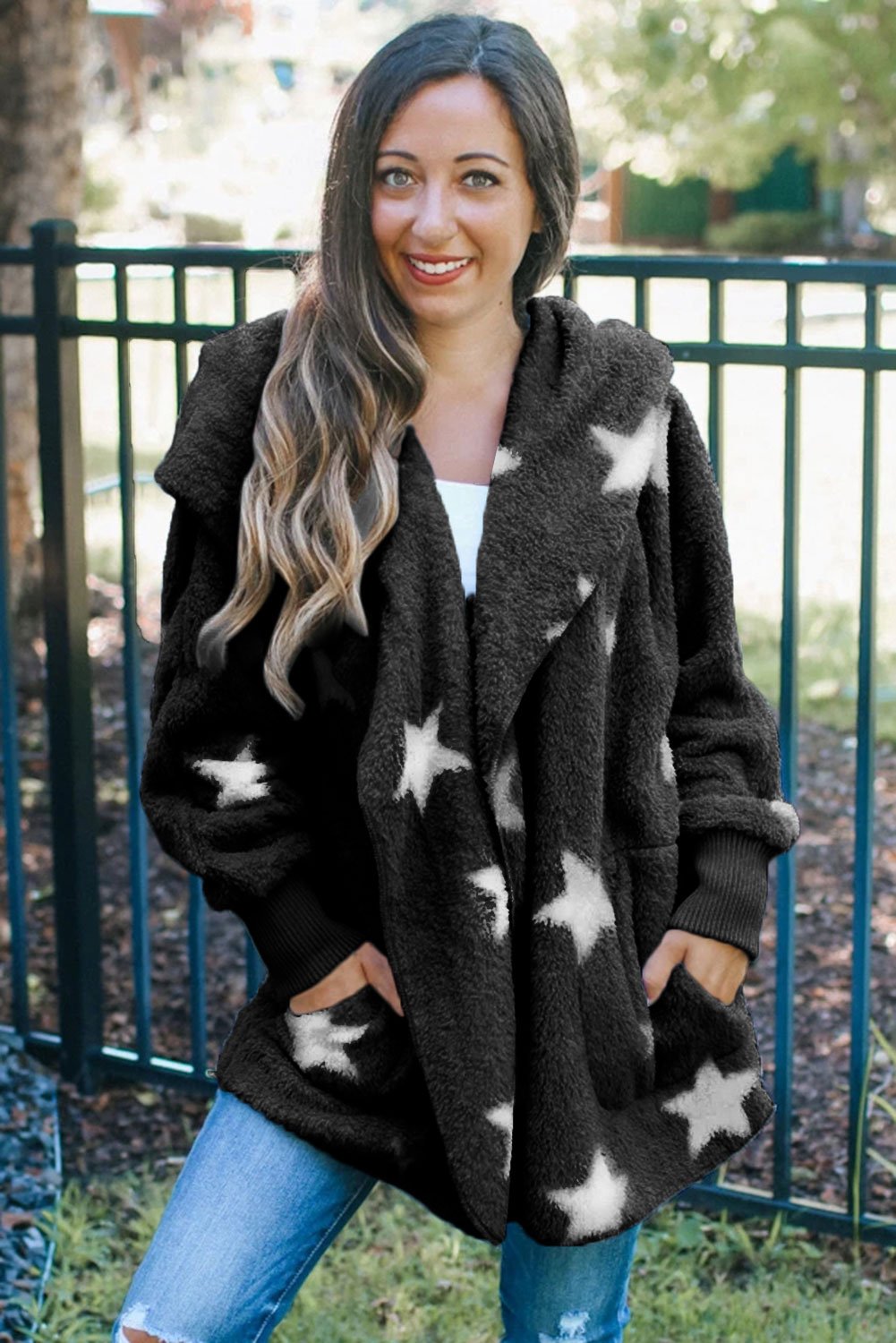 Lapel Collar Scatter Star Fuzzy Coat featuring a stylish lapel collar, scatter star print, and cozy fuzzy material.