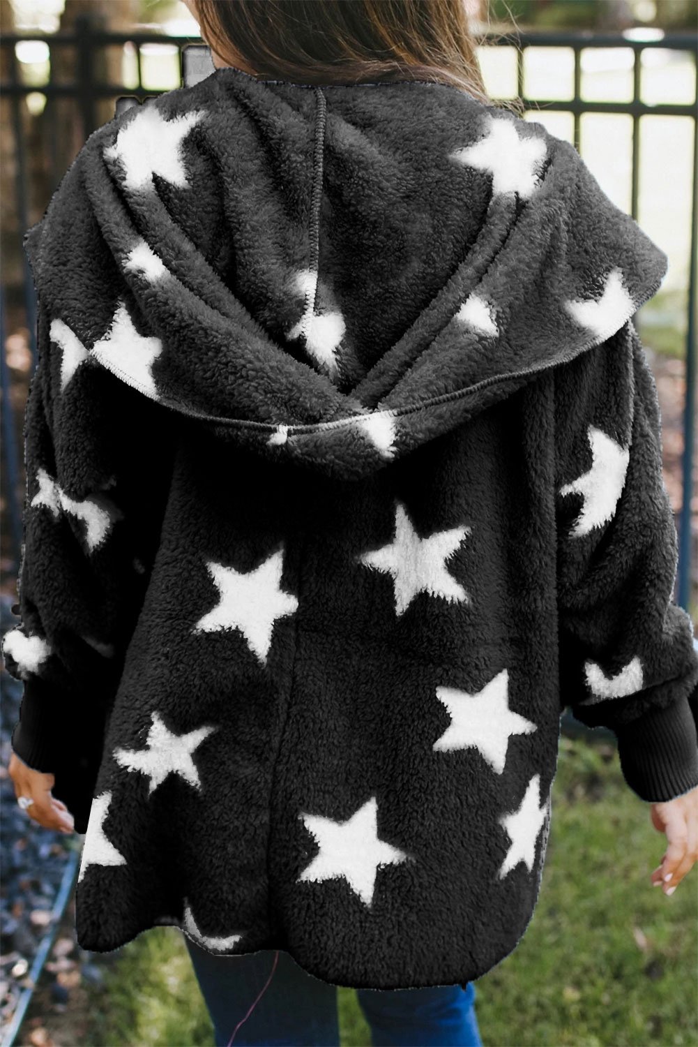 Lapel Collar Scatter Star Fuzzy Coat featuring a stylish lapel collar, scatter star print, and cozy fuzzy material.