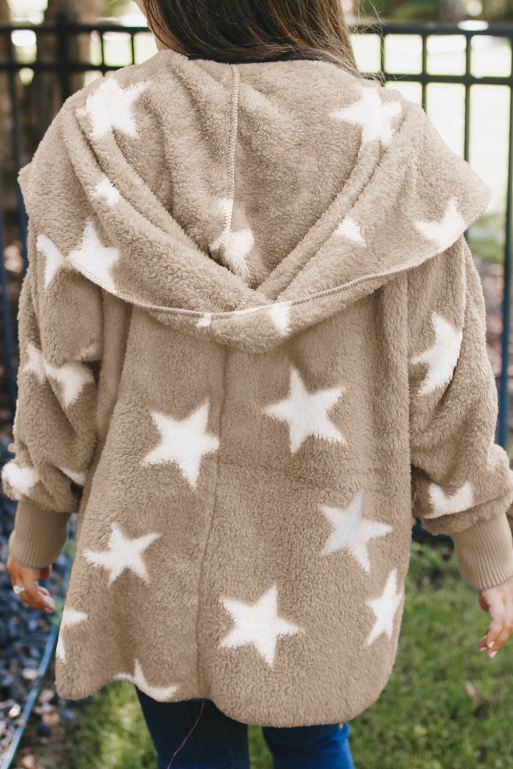 Lapel Collar Scatter Star Fuzzy Coat featuring a stylish lapel collar, scatter star print, and cozy fuzzy material.