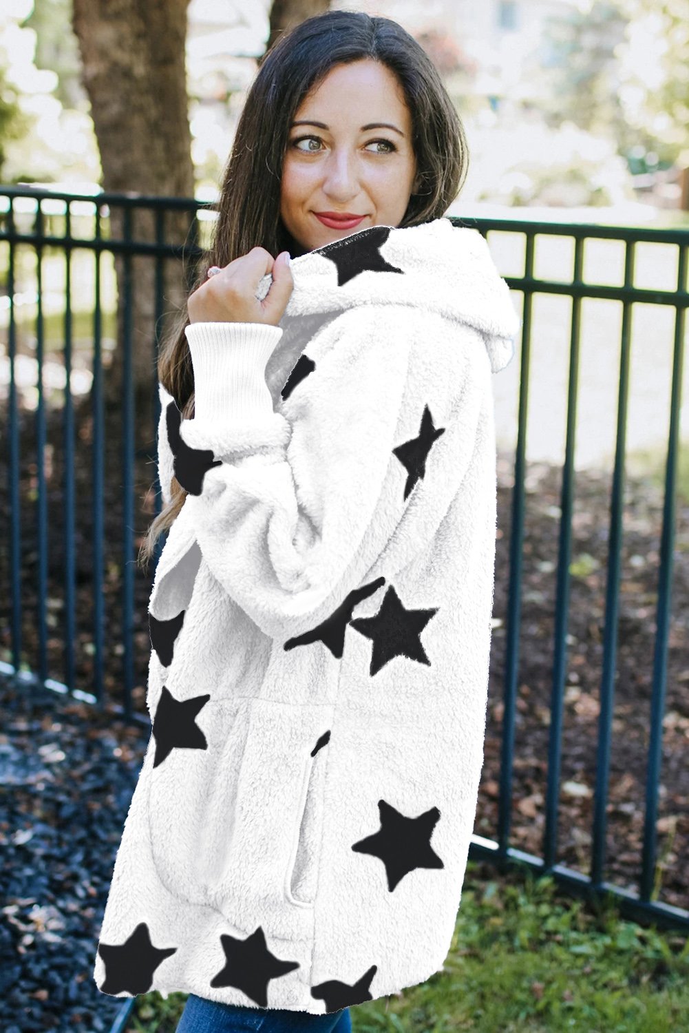 Lapel Collar Scatter Star Fuzzy Coat featuring a stylish lapel collar, scatter star print, and cozy fuzzy material.