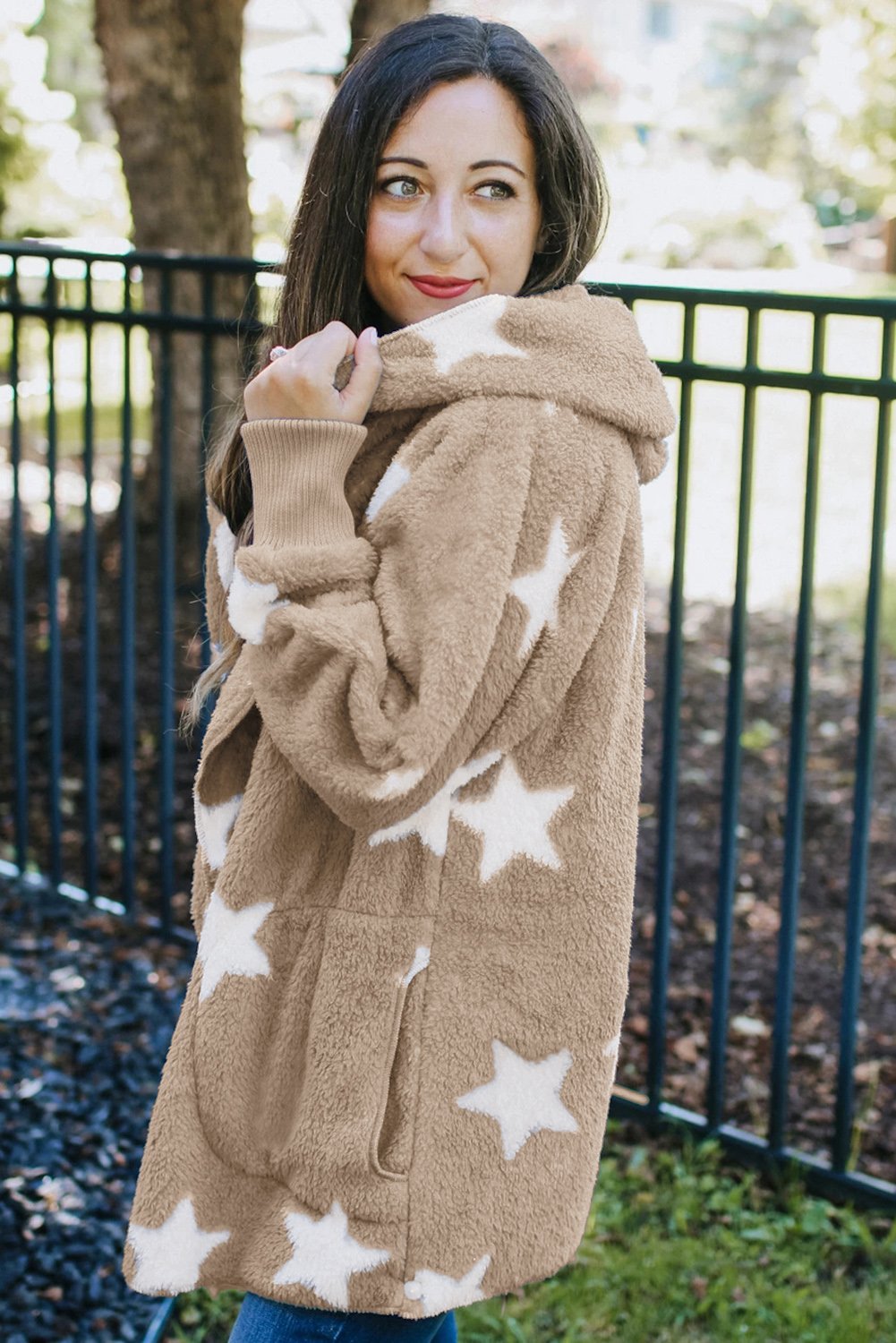 Lapel Collar Scatter Star Fuzzy Coat featuring a stylish lapel collar, scatter star print, and cozy fuzzy material.