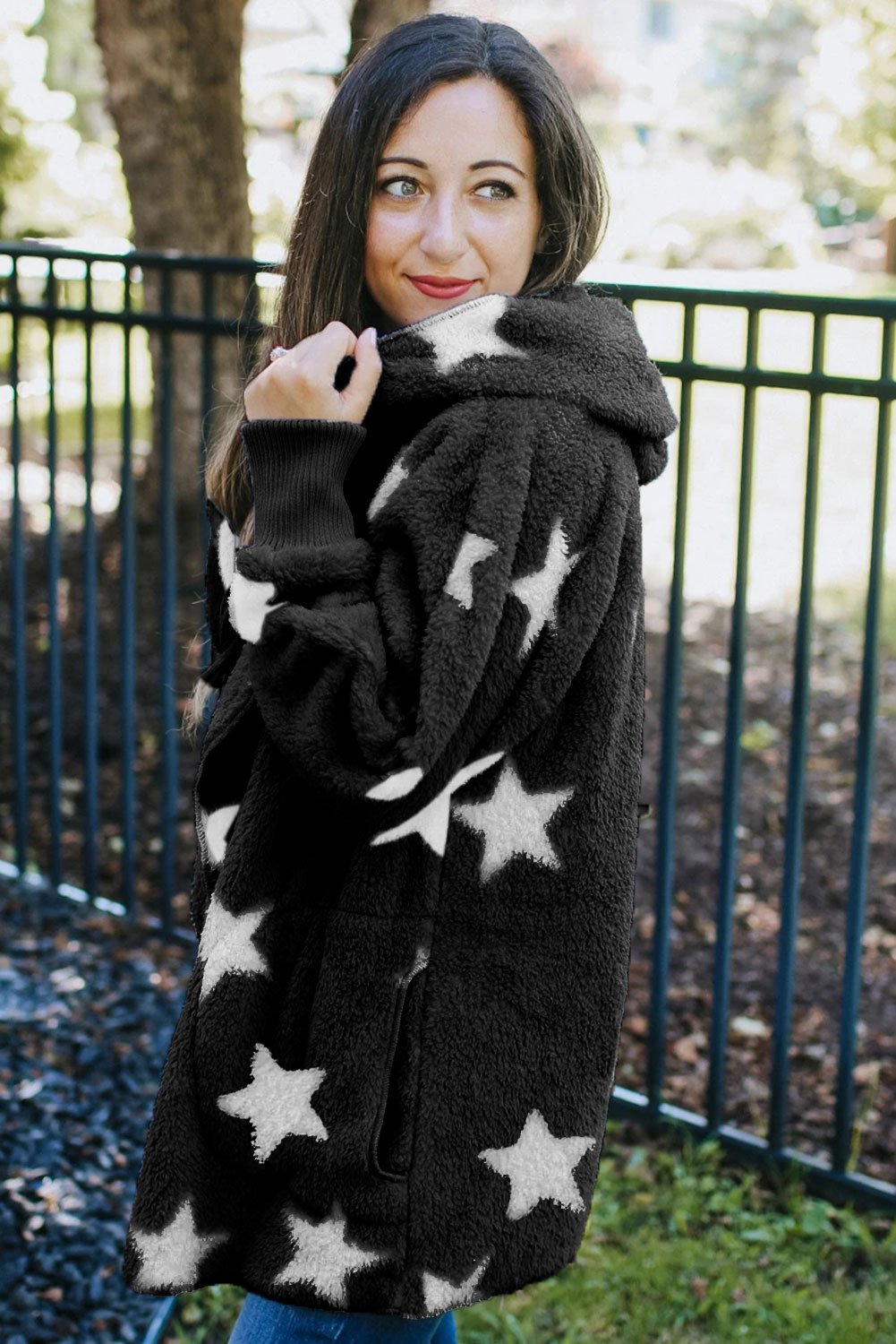 Lapel Collar Scatter Star Fuzzy Coat featuring a stylish lapel collar, scatter star print, and cozy fuzzy material.