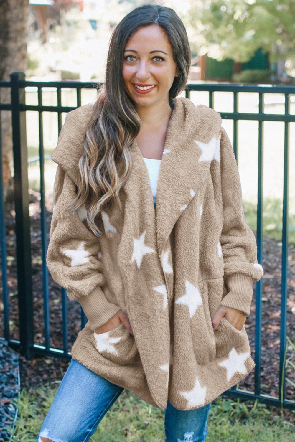 Lapel Collar Scatter Star Fuzzy Coat featuring a stylish lapel collar, scatter star print, and cozy fuzzy material.