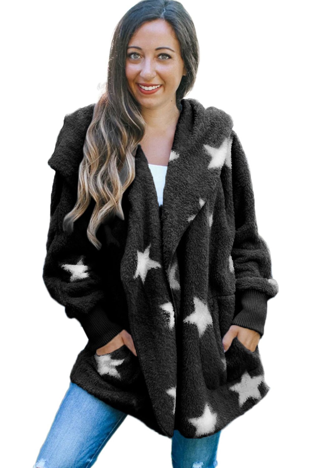 Lapel Collar Scatter Star Fuzzy Coat featuring a stylish lapel collar, scatter star print, and cozy fuzzy material.