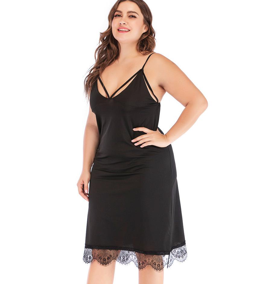 Large size women's sexy deep V strap dress in solid color with lace detailing, perfect for pajamas or nightwear.