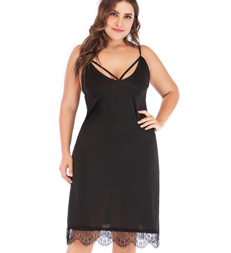 Large size women's sexy deep V strap dress in solid color with lace detailing, perfect for pajamas or nightwear.